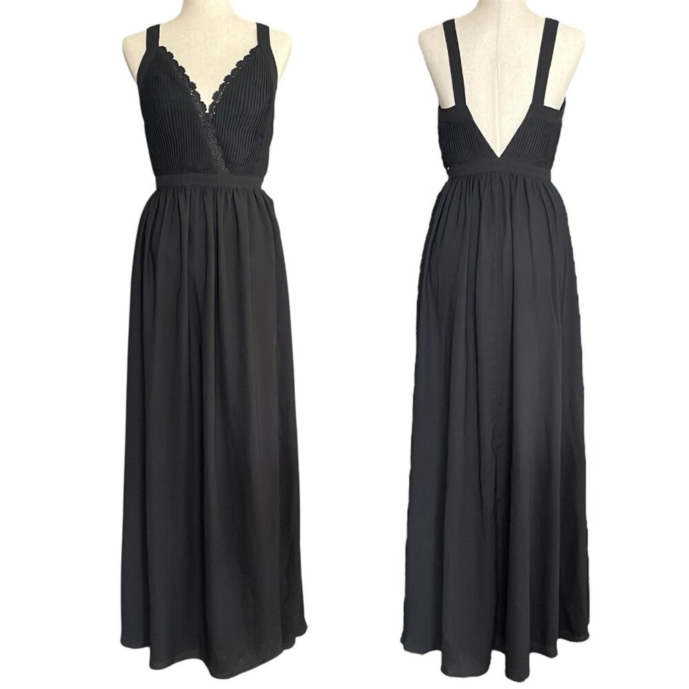 Fame and Partners Black Plunge Neck Dress Size 4 Thigh High Slit Formal Maxi NWT